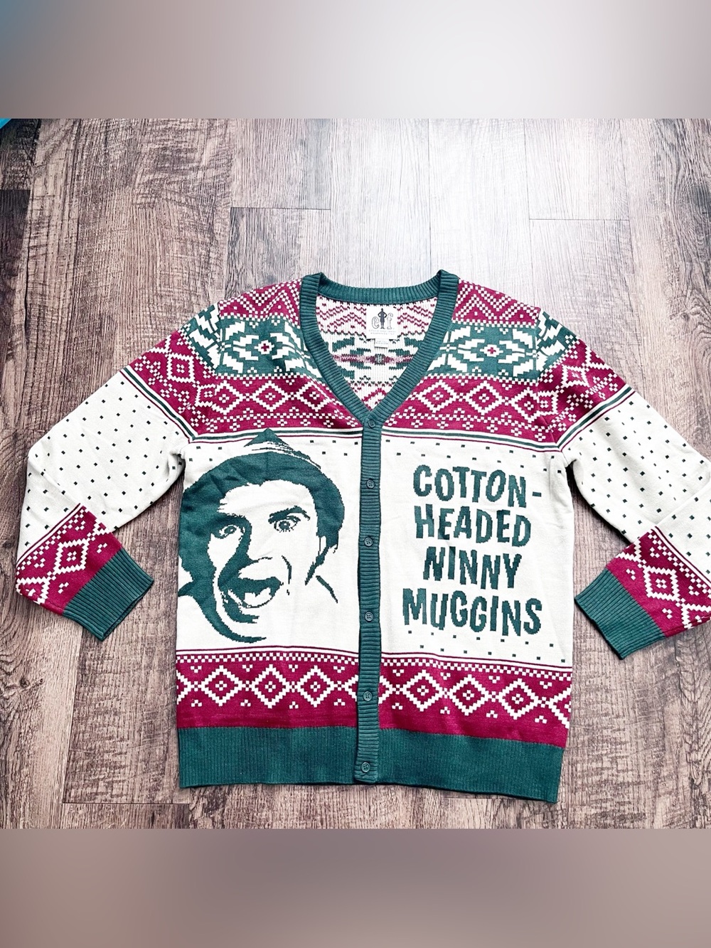 ELF Cotton-Headed Ninny Muggins Holiday Cardigan Sweater Green & Red Men’s Large